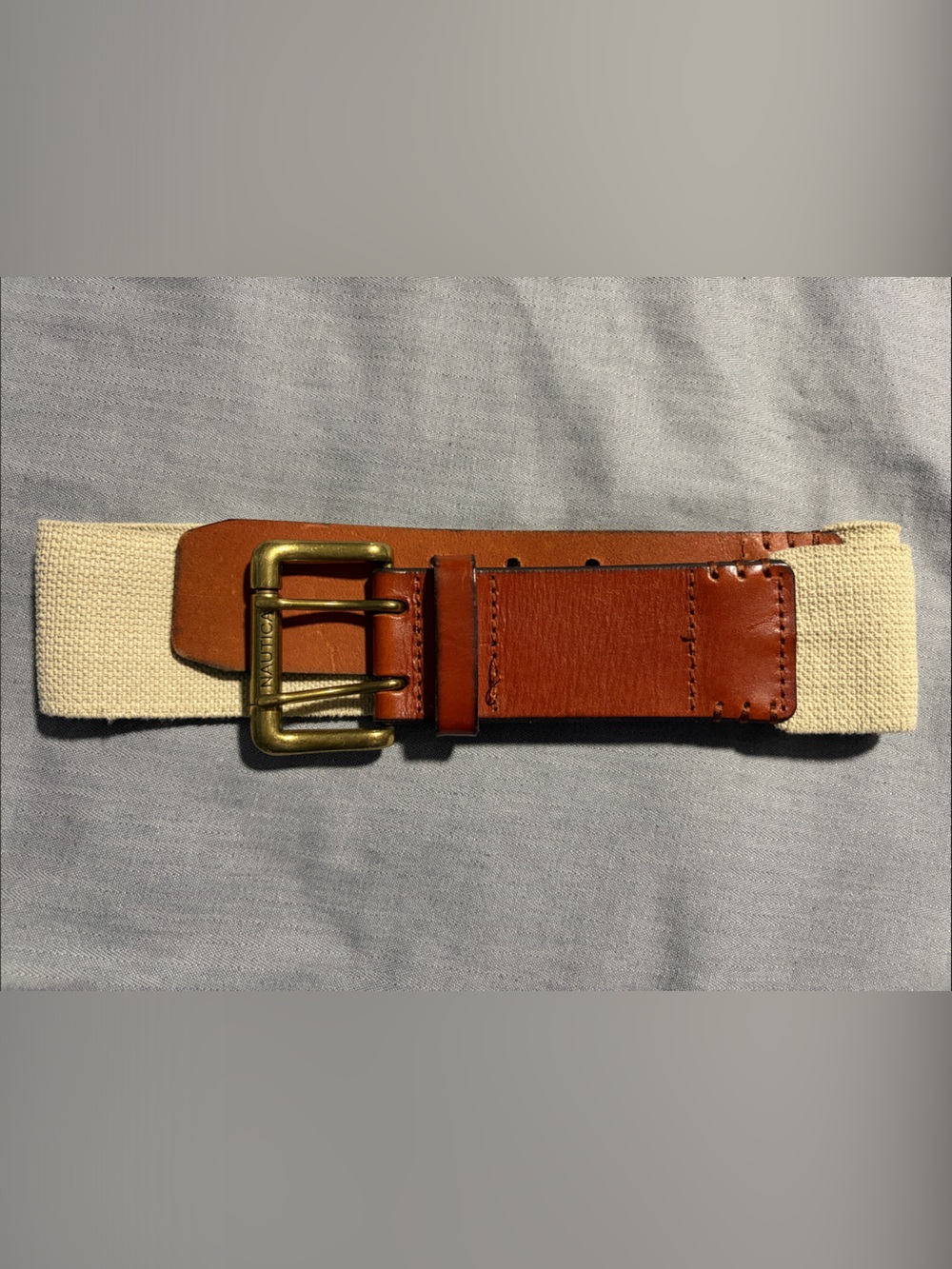 Nautica Women’s Brown Leather & Cream Elastic Belt with Brass Buckle